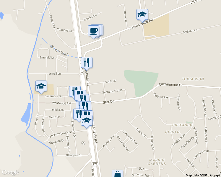 map of restaurants, bars, coffee shops, grocery stores, and more near 2451 Sacramento Drive in Redding