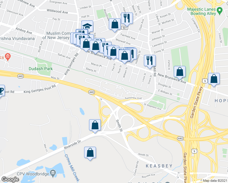 map of restaurants, bars, coffee shops, grocery stores, and more near 12 Sunnyview Oval in Woodbridge Township