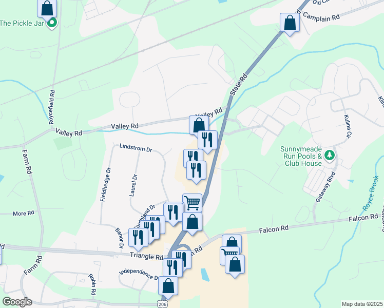 map of restaurants, bars, coffee shops, grocery stores, and more near 256 U.S. 206 in Somerset County