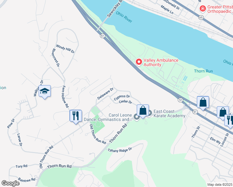 map of restaurants, bars, coffee shops, grocery stores, and more near 496 Cypress Drive in Coraopolis
