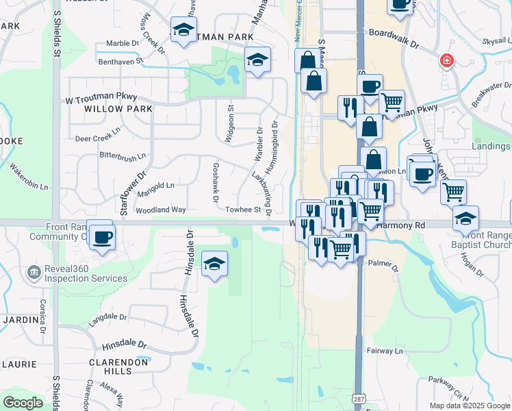 map of restaurants, bars, coffee shops, grocery stores, and more near 425 Towhee Street in Fort Collins