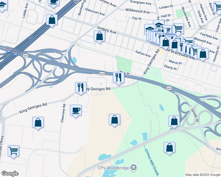 map of restaurants, bars, coffee shops, grocery stores, and more near 1075 King Georges Post Road in Edison