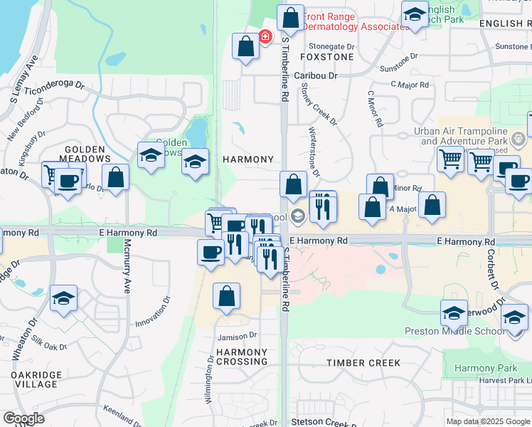 map of restaurants, bars, coffee shops, grocery stores, and more near 2007 Timberline Ln in Fort Collins
