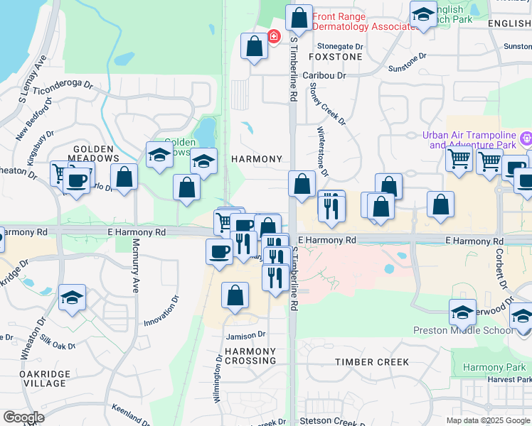 map of restaurants, bars, coffee shops, grocery stores, and more near Timberline Lane in Fort Collins