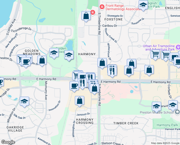 map of restaurants, bars, coffee shops, grocery stores, and more near Timberline Lane in Fort Collins