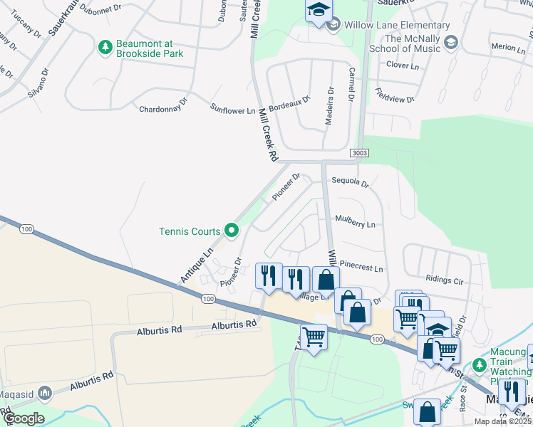 map of restaurants, bars, coffee shops, grocery stores, and more near 6574 Pioneer Drive in Macungie