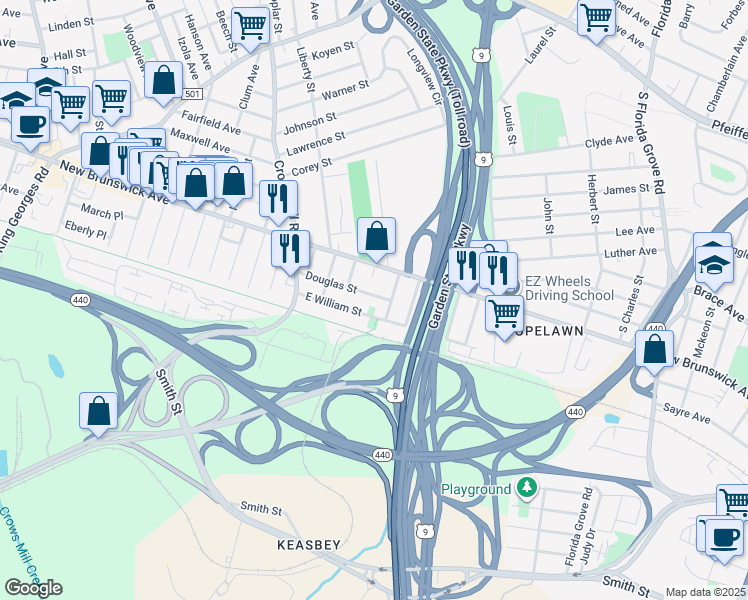 map of restaurants, bars, coffee shops, grocery stores, and more near 77 Douglas Street in Woodbridge Township