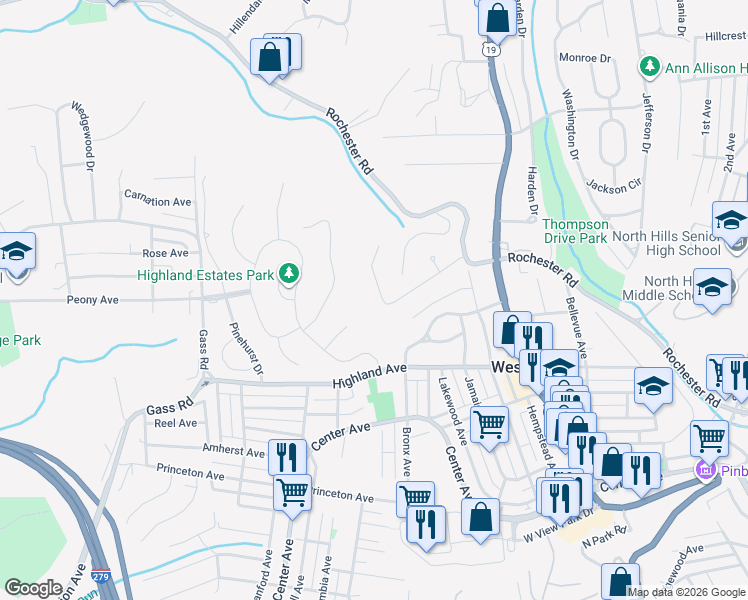 map of restaurants, bars, coffee shops, grocery stores, and more near 111 Laurel Valley Drive in Pittsburgh