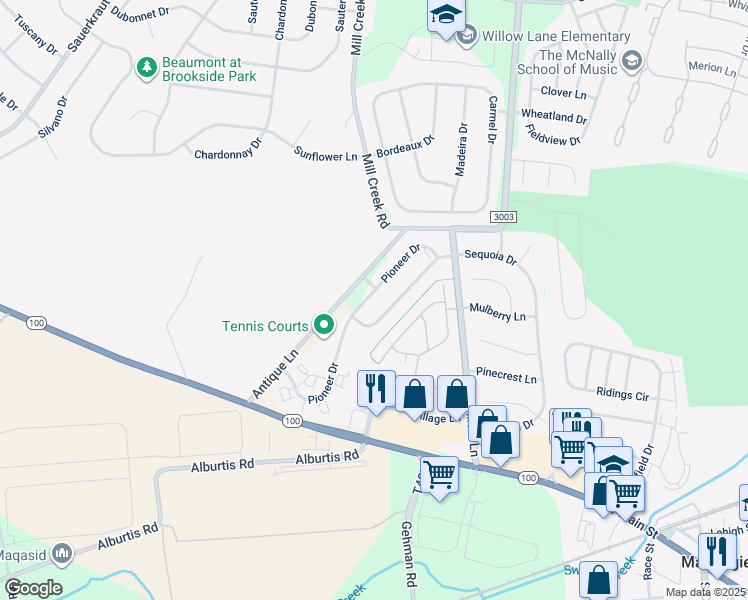 map of restaurants, bars, coffee shops, grocery stores, and more near 6570 Pioneer Drive in Macungie