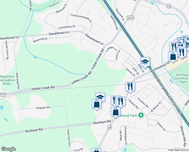 map of restaurants, bars, coffee shops, grocery stores, and more near 4702 Indian Creek Road in Macungie