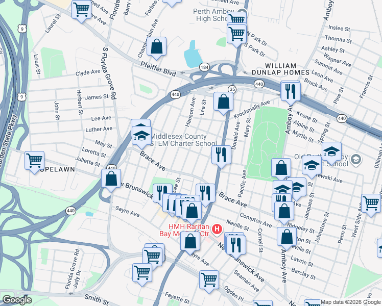 map of restaurants, bars, coffee shops, grocery stores, and more near 625 Hommann Avenue in Perth Amboy