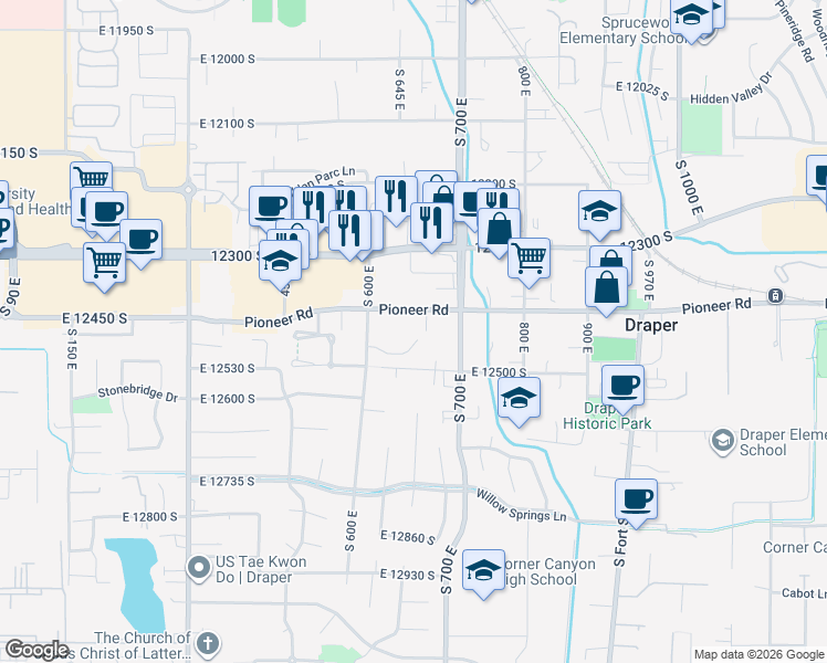map of restaurants, bars, coffee shops, grocery stores, and more near 657 Vandalay Lane in Draper