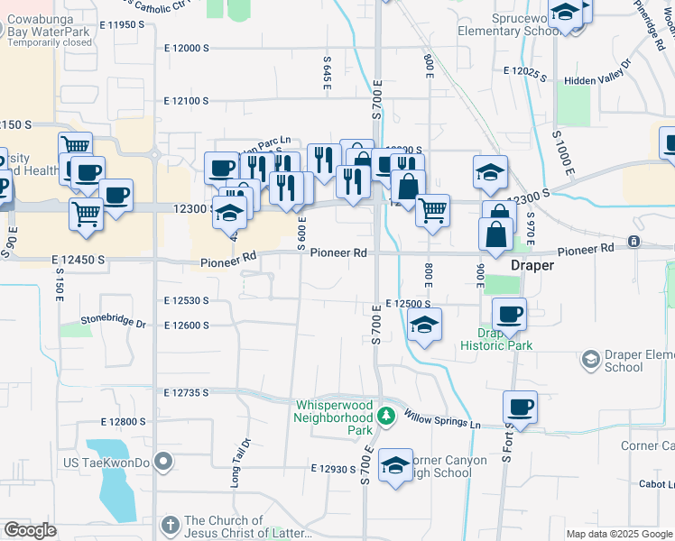 map of restaurants, bars, coffee shops, grocery stores, and more near 658 Vandalay Lane in Draper