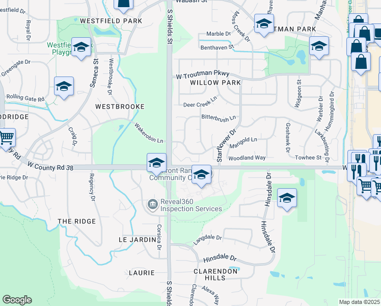 map of restaurants, bars, coffee shops, grocery stores, and more near 1025 Wakerobin Lane in Fort Collins