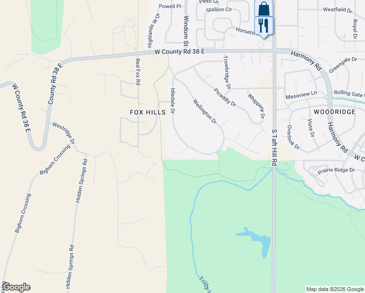 map of restaurants, bars, coffee shops, grocery stores, and more near 2505 Bedford Court in Fort Collins