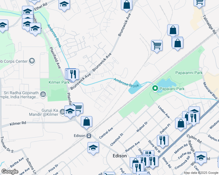 map of restaurants, bars, coffee shops, grocery stores, and more near 1640 Raspberry Court in Edison