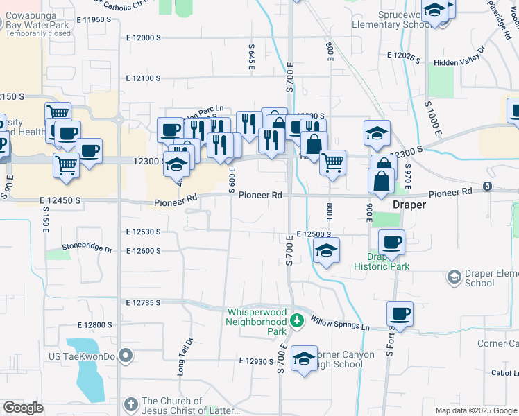 map of restaurants, bars, coffee shops, grocery stores, and more near 658 Vandalay Lane in Draper