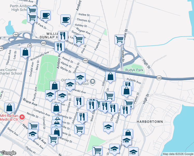 map of restaurants, bars, coffee shops, grocery stores, and more near 768 Boggs Street in Perth Amboy