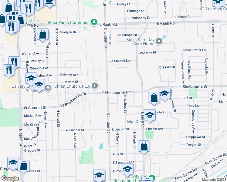 map of restaurants, bars, coffee shops, grocery stores, and more near 1206 North Oak Street in Normal