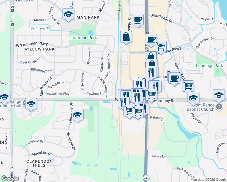 map of restaurants, bars, coffee shops, grocery stores, and more near 4560 Larkbunting Drive in Fort Collins