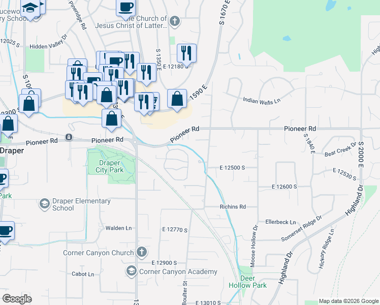 map of restaurants, bars, coffee shops, grocery stores, and more near 1459 Forge Way in Draper