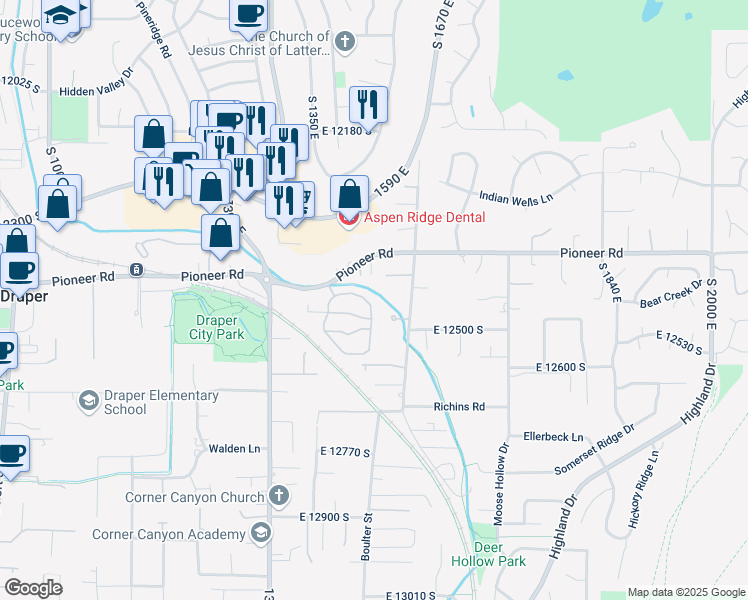 map of restaurants, bars, coffee shops, grocery stores, and more near 1459 Forge Way in Draper