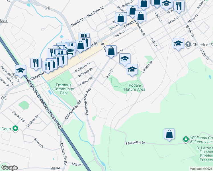 map of restaurants, bars, coffee shops, grocery stores, and more near 335 South Twelfth Street in Emmaus