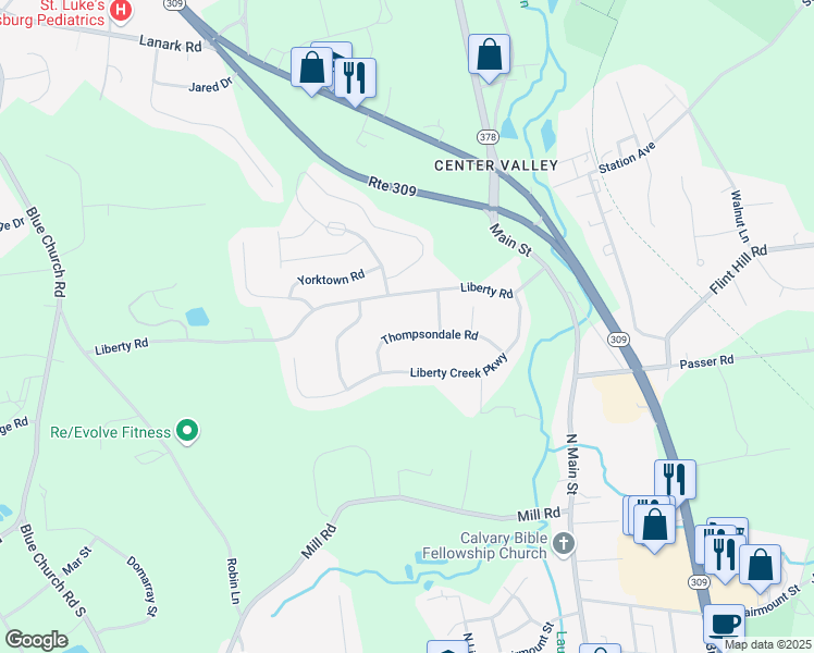 map of restaurants, bars, coffee shops, grocery stores, and more near 4125 Thompsondale Road in Coopersburg