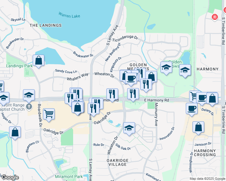 map of restaurants, bars, coffee shops, grocery stores, and more near 4545 Wheaton Drive in Fort Collins