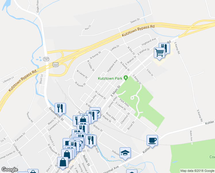 map of restaurants, bars, coffee shops, grocery stores, and more near 342 East Walnut Street in Kutztown