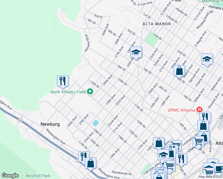 map of restaurants, bars, coffee shops, grocery stores, and more near 2406-08 12th Street in Altoona