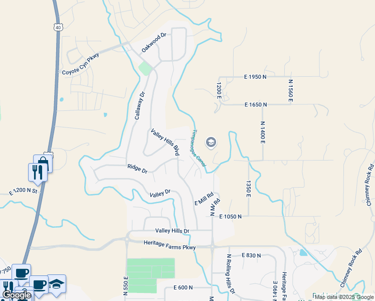 map of restaurants, bars, coffee shops, grocery stores, and more near 1260 Valley Hills Boulevard in Heber City