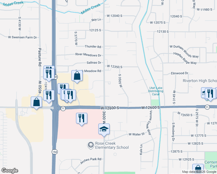 map of restaurants, bars, coffee shops, grocery stores, and more near 12493 3600 West in Riverton