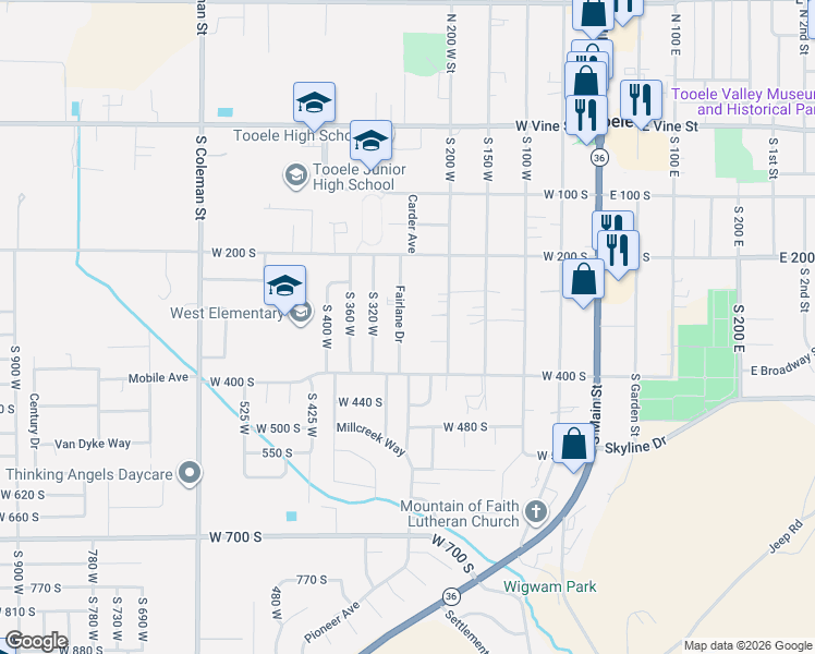 map of restaurants, bars, coffee shops, grocery stores, and more near 335 Fairlane Drive in Tooele