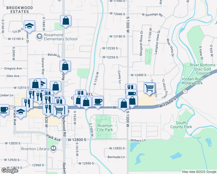 map of restaurants, bars, coffee shops, grocery stores, and more near 1397 Quail Ridge Road in Riverton