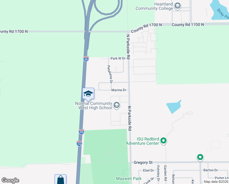 map of restaurants, bars, coffee shops, grocery stores, and more near 1827 Marina Drive in Normal