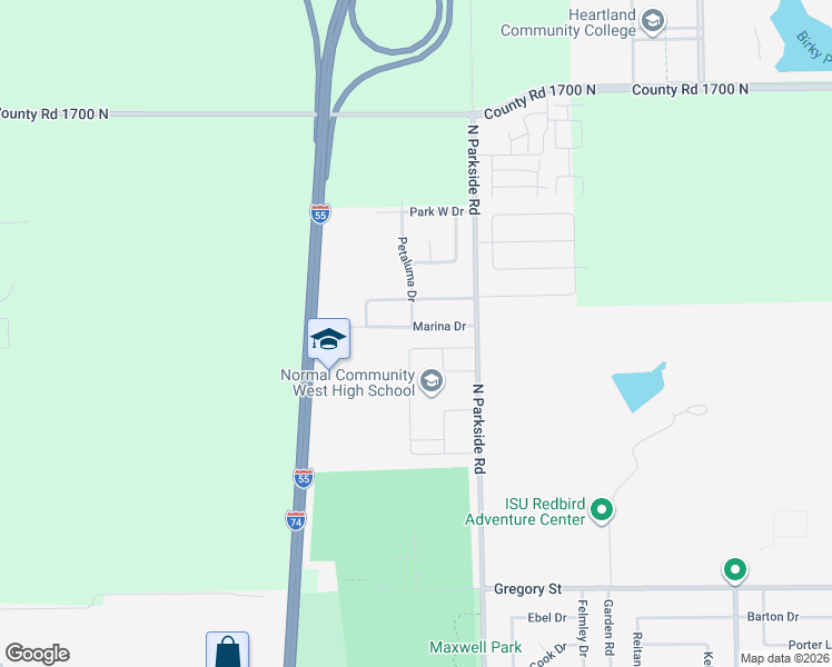 map of restaurants, bars, coffee shops, grocery stores, and more near 1827 Marina Drive in Normal