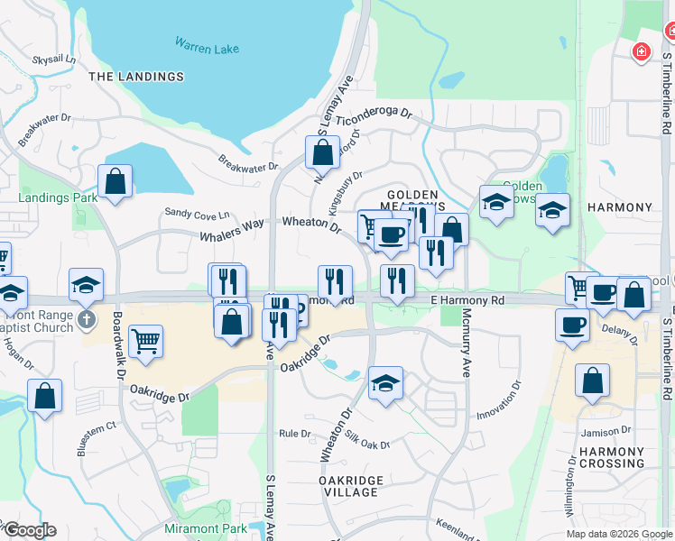map of restaurants, bars, coffee shops, grocery stores, and more near 4545 Wheaton Drive in Fort Collins