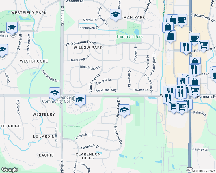 map of restaurants, bars, coffee shops, grocery stores, and more near 737 Woodland Way in Fort Collins