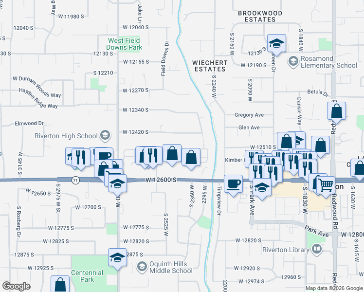map of restaurants, bars, coffee shops, grocery stores, and more near 12512 Mont Blanc Drive in Riverton