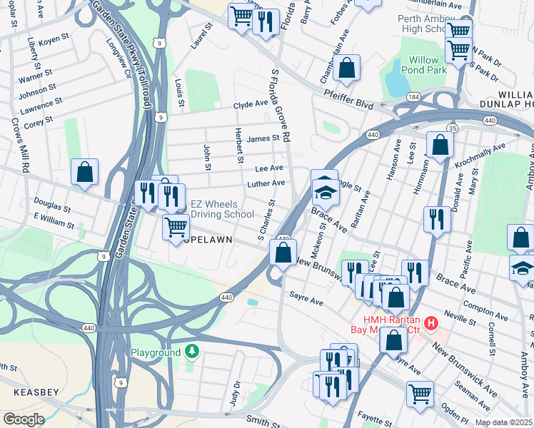 map of restaurants, bars, coffee shops, grocery stores, and more near 17 Loretta Street in Perth Amboy