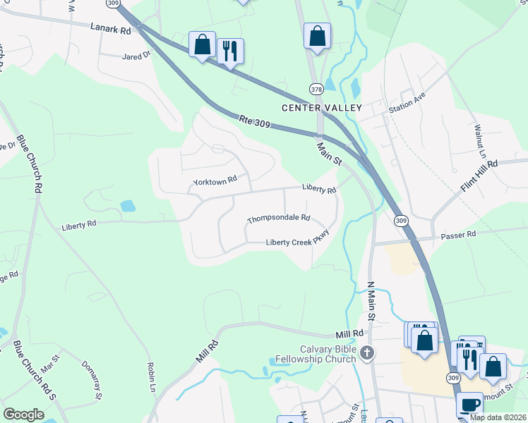 map of restaurants, bars, coffee shops, grocery stores, and more near 4130 Thompsondale Road in Coopersburg