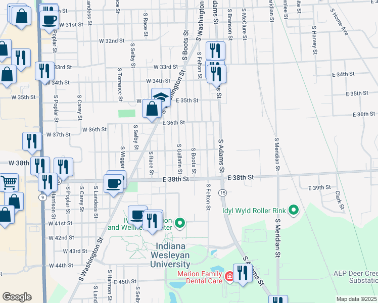 map of restaurants, bars, coffee shops, grocery stores, and more near 3721 South Boots Street in Marion