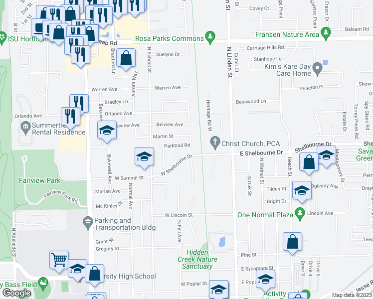 map of restaurants, bars, coffee shops, grocery stores, and more near in Normal