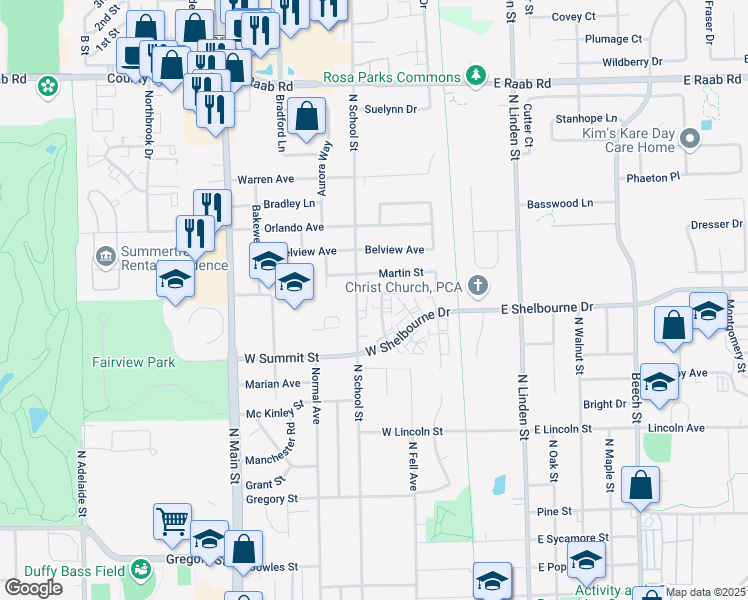 map of restaurants, bars, coffee shops, grocery stores, and more near 1007 Sheryl Lane in Normal