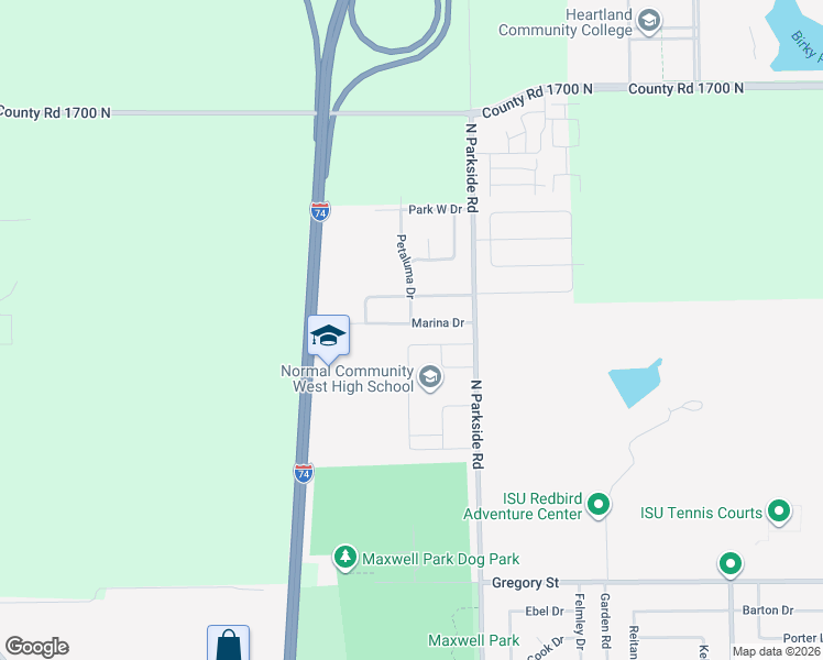 map of restaurants, bars, coffee shops, grocery stores, and more near 1827 Marina Drive in Normal