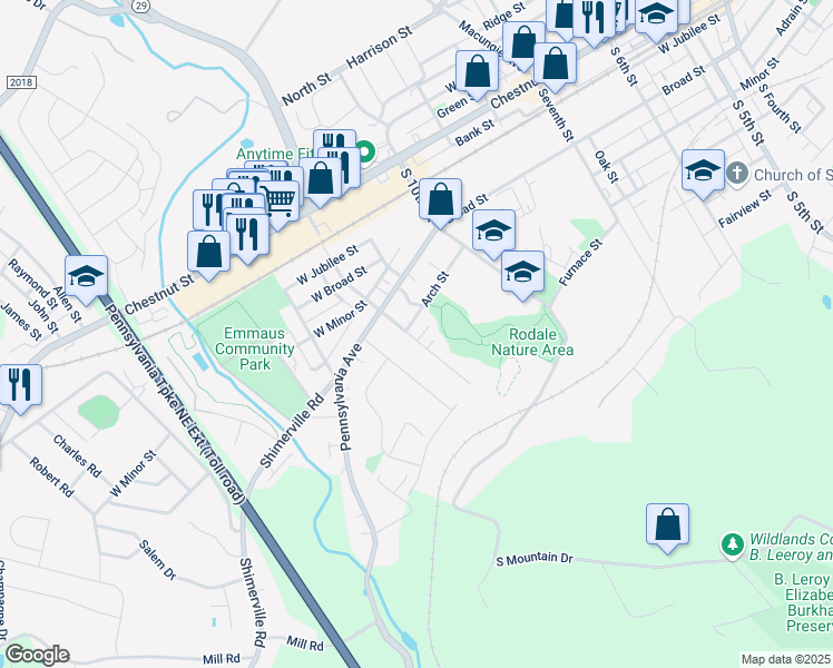 map of restaurants, bars, coffee shops, grocery stores, and more near 305 South Twelfth Street in Emmaus
