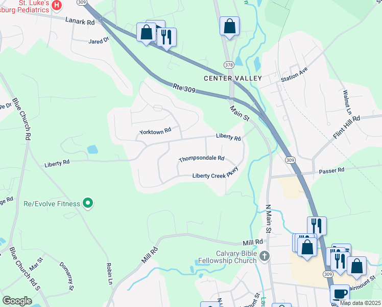 map of restaurants, bars, coffee shops, grocery stores, and more near 4125 Thompsondale Road in Coopersburg