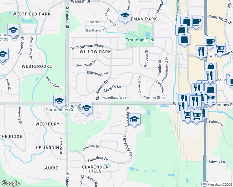 map of restaurants, bars, coffee shops, grocery stores, and more near 737 Woodland Way in Fort Collins