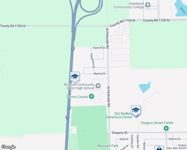map of restaurants, bars, coffee shops, grocery stores, and more near 1827 Marina Drive in Normal